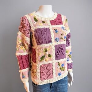 Vintage Cullinane Patchwork Knit Sweater Cottagecore Floral Bobble Size S